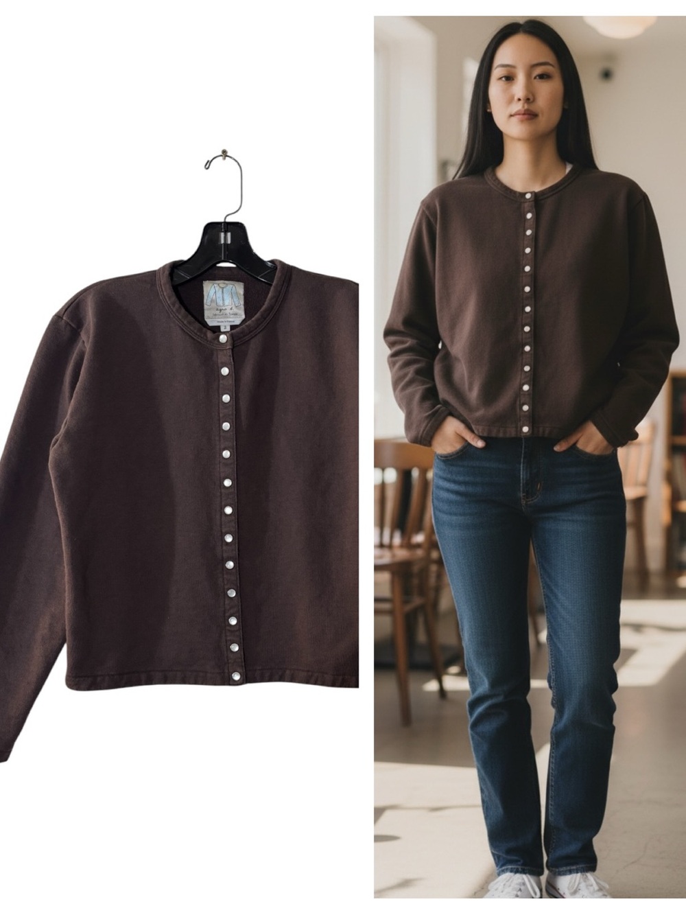agnès b. Le Classique Snap Cardigan Fleece Mother of Pearl Brown Size 2 / Medium